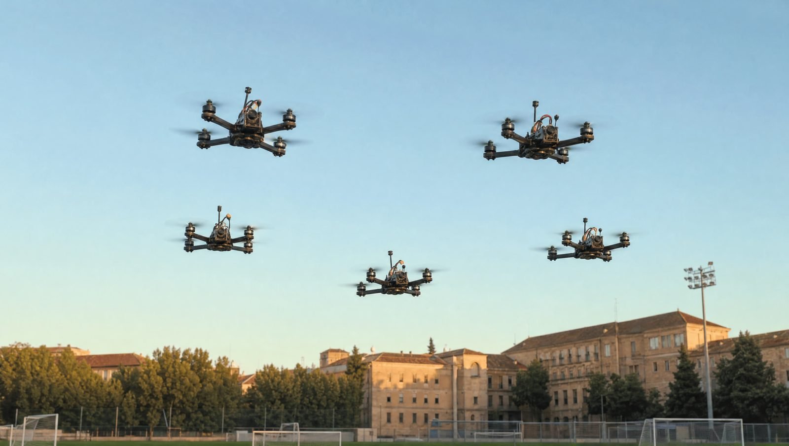 Cinco drones del UPCT Drone Team volando en formación sobre el campus