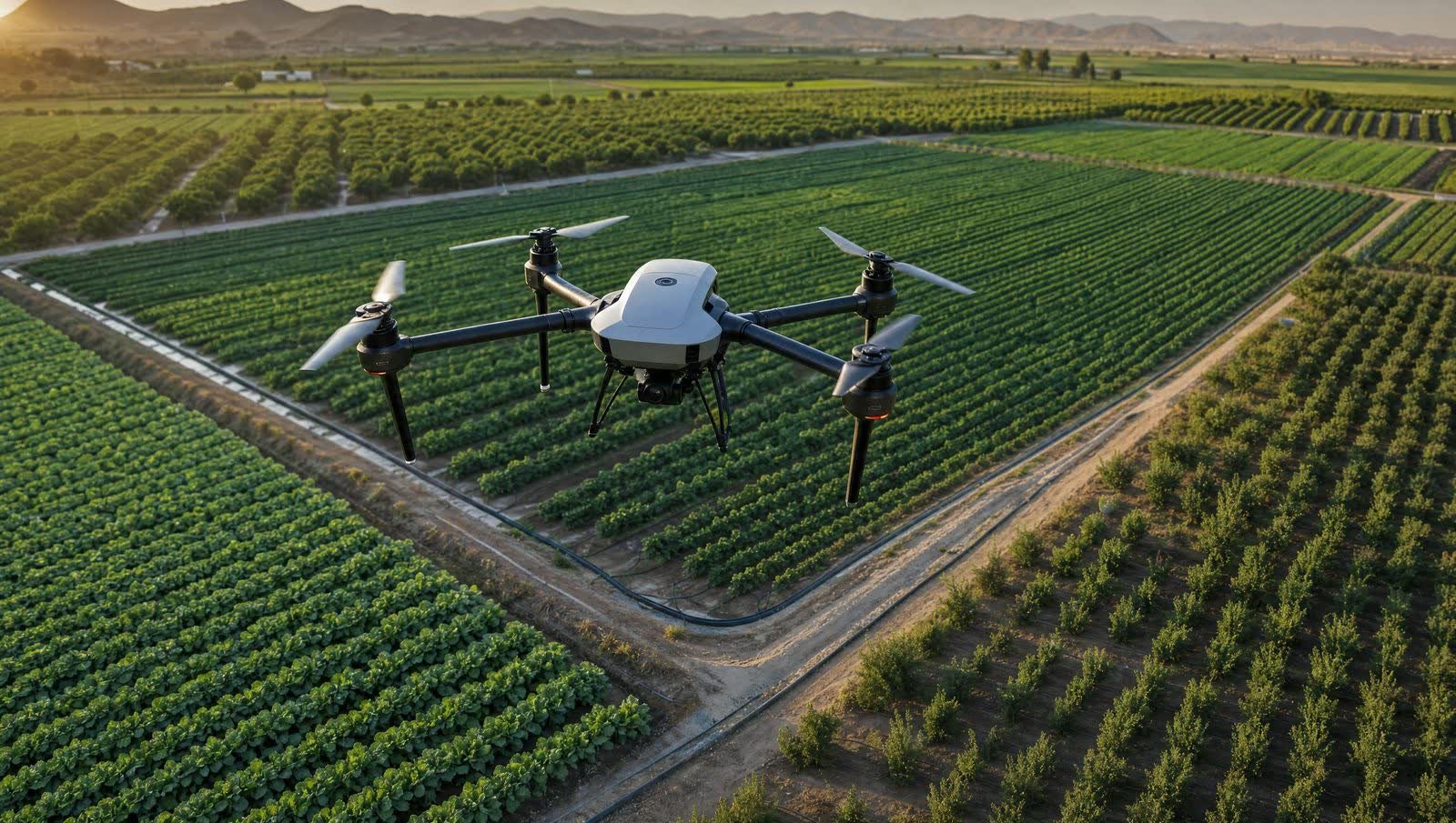 Dron de mapeo sobrevolando cultivos en hileras en la Región de Murcia