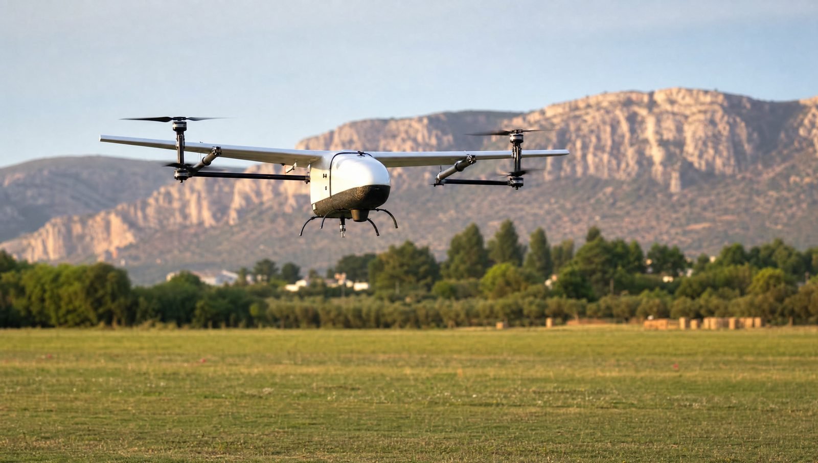 Avión dron VTOL en vuelo estacionario durante la transición sobre un campo de vuelo